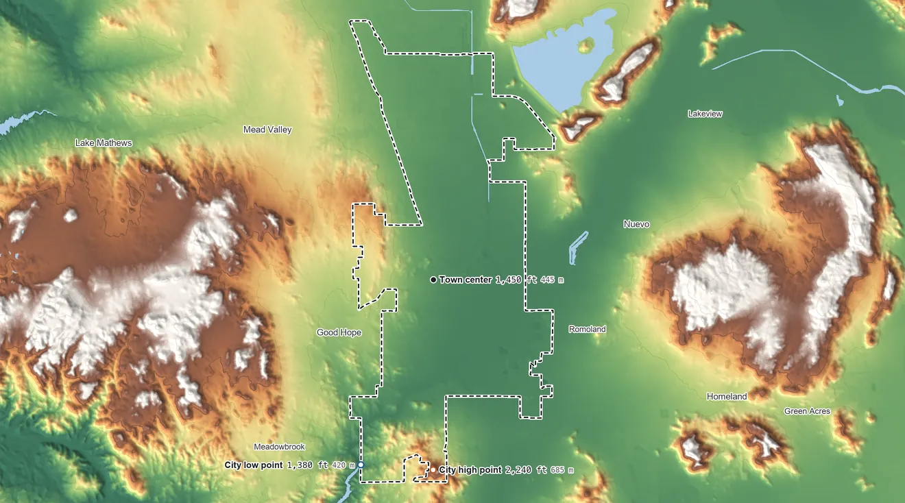 Topographic elevation map of Perris, California, shaded from 1,380 ft on the south side to 2,240 ft on the south side