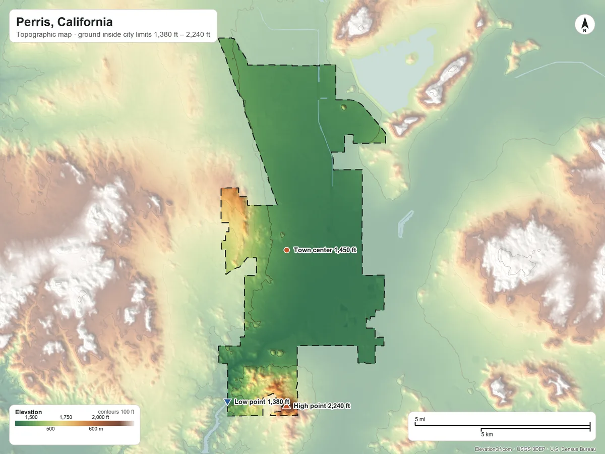 Topographic elevation map of Perris, California, shaded from 1,380 ft on the south side to 2,240 ft on the south side