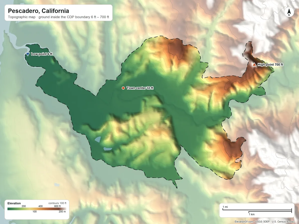 Topographic elevation map of Pescadero, California, shaded from 6 ft on the west side to 700 ft on the east edge, below higher ground just outside