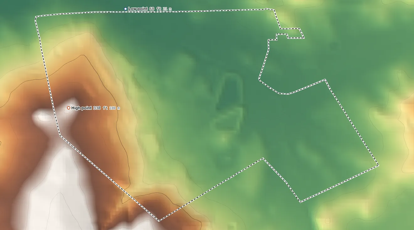 Topographic elevation map of Petaluma Center, California, shaded from 68 ft on the north side to 330 ft at the foot of the Sonoma Mountains