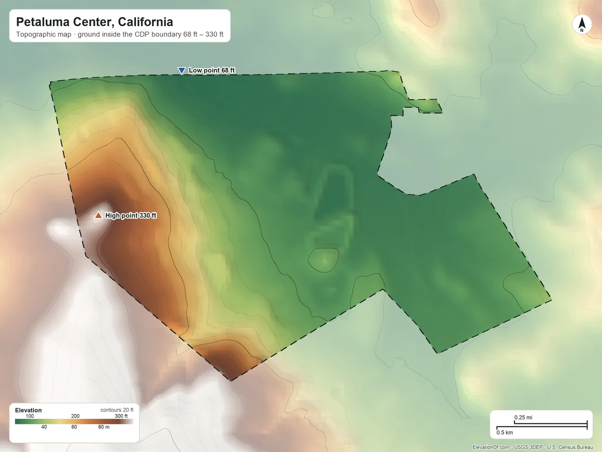 Topographic elevation map of Petaluma Center, California, shaded from 68 ft on the north side to 330 ft at the foot of the Sonoma Mountains