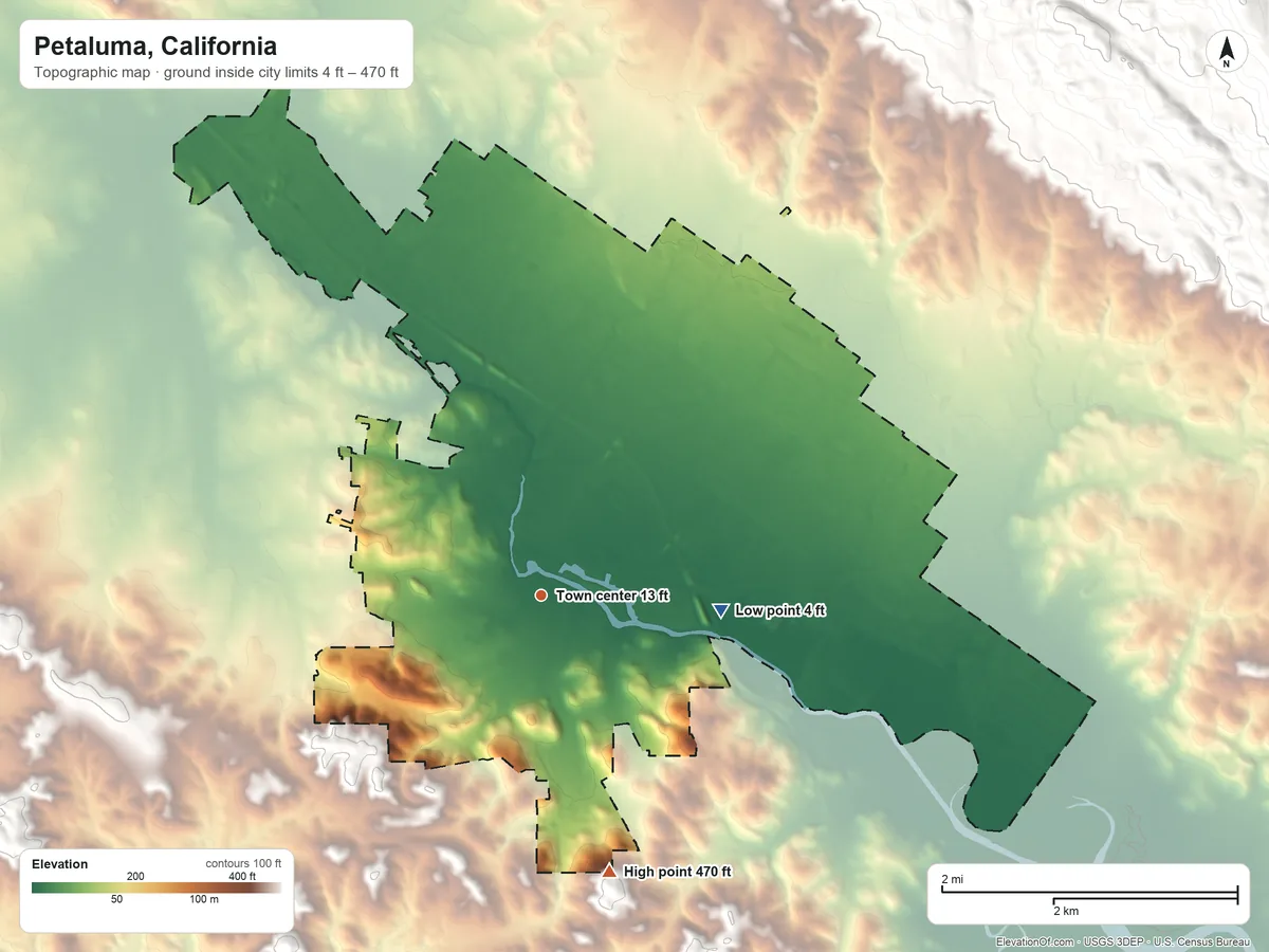 Topographic elevation map of Petaluma, California, shaded from 4 ft on the east side to 470 ft on the south side