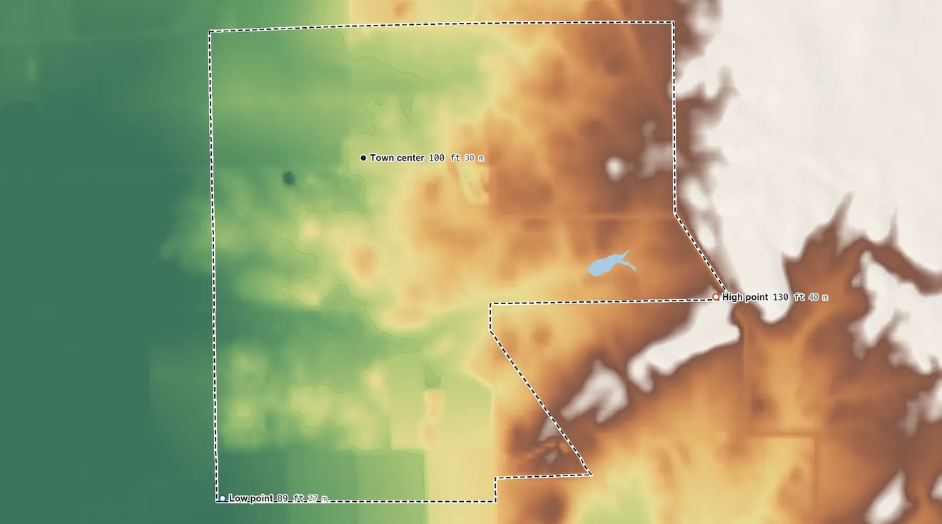Topographic elevation map of Peters, California, shaded from 89 ft on the south side to 130 ft on the east side