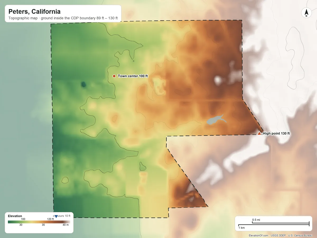 Topographic elevation map of Peters, California, shaded from 89 ft on the south side to 130 ft on the east side