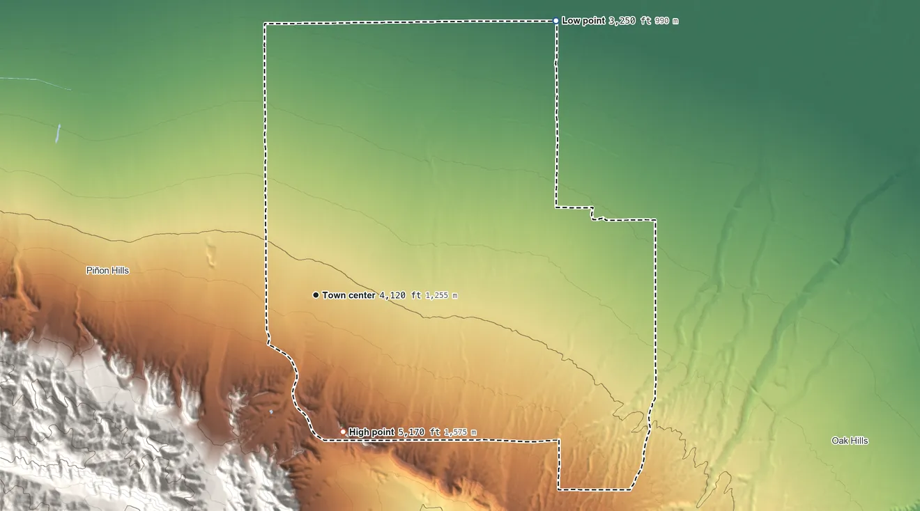 Topographic elevation map of Phelan, California, shaded from 3,250 ft on the northeast side to 5,170 ft at the foot of the San Gabriel Mountains