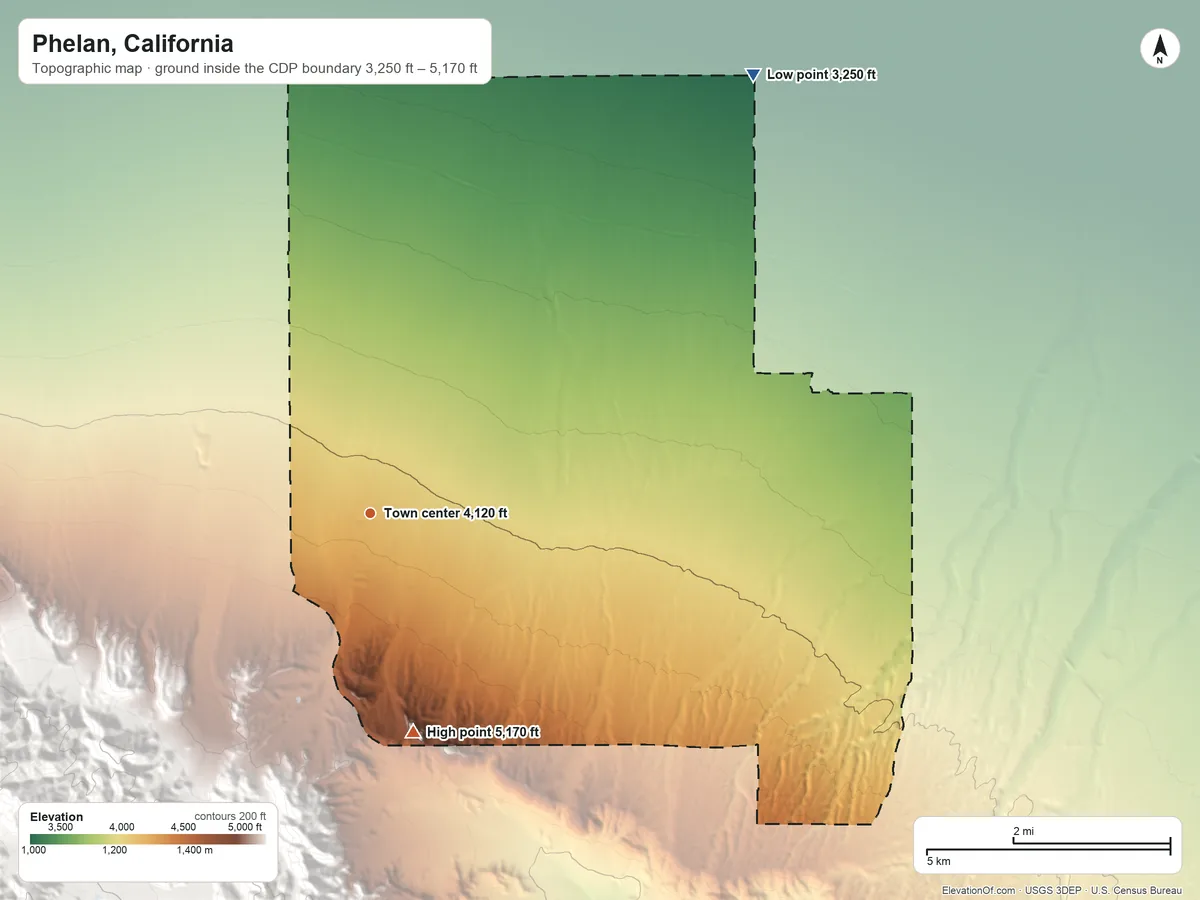 Topographic elevation map of Phelan, California, shaded from 3,250 ft on the northeast side to 5,170 ft at the foot of the San Gabriel Mountains