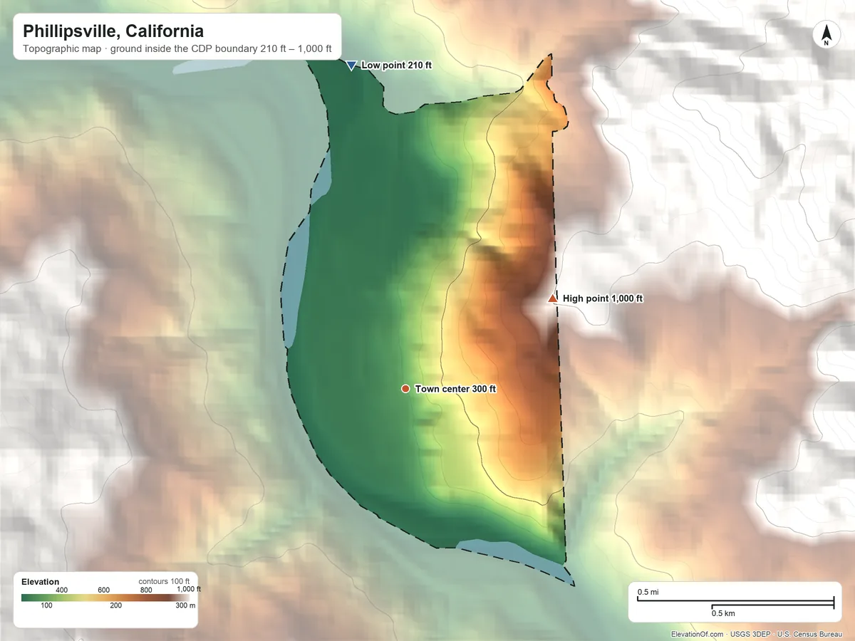 Topographic elevation map of Phillipsville, California, shaded from 210 ft on the north side to 1,000 ft at the foot of the Chalk Mountains