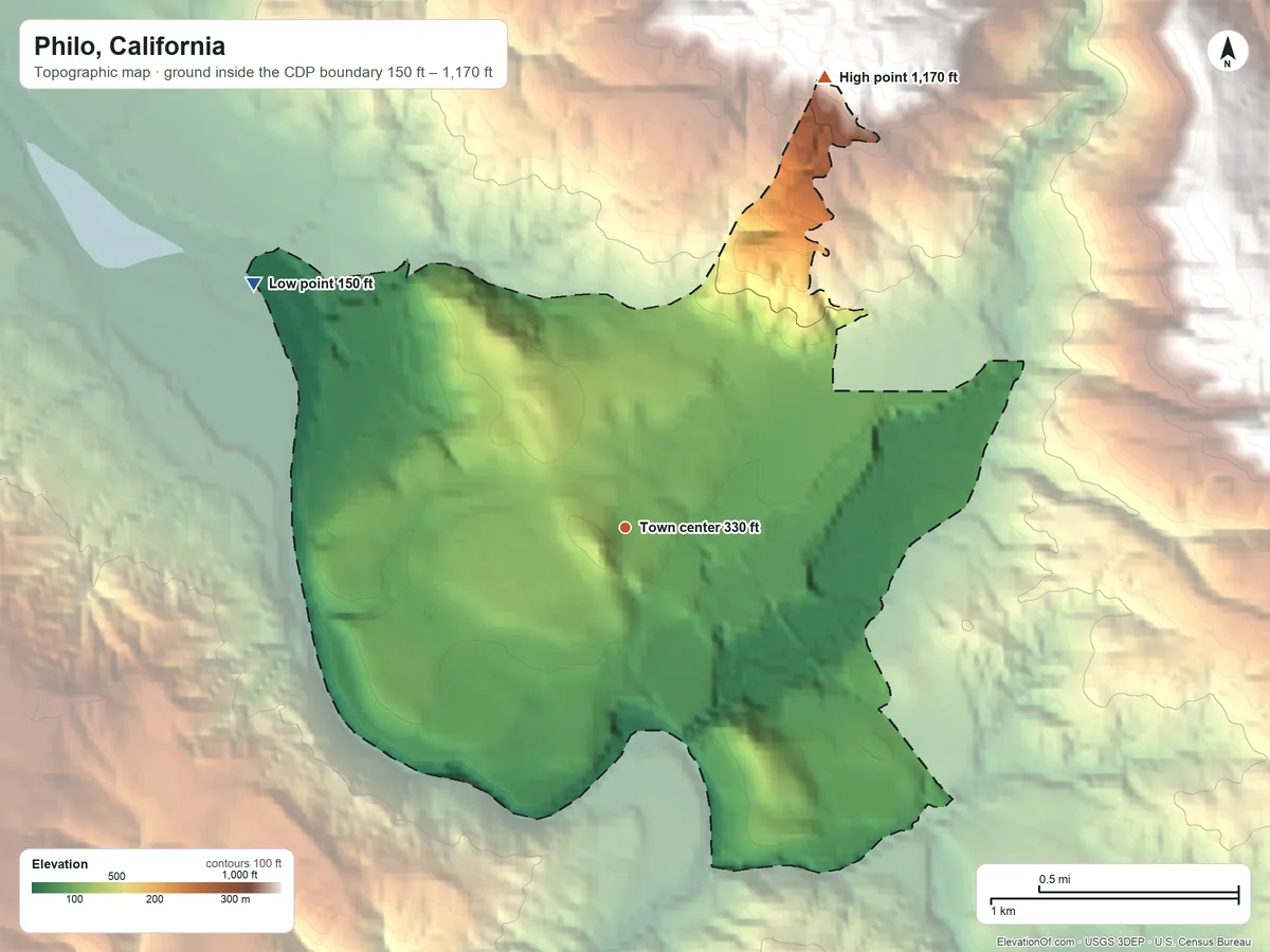 Topographic elevation map of Philo, California, shaded from 150 ft on the northwest side to 1,170 ft at the foot of the Flynn Hills