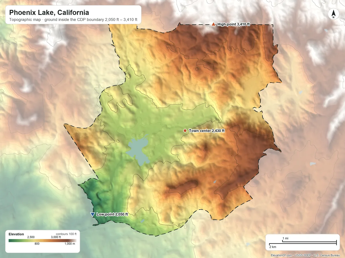 Topographic elevation map of Phoenix Lake, California, shaded from 2,050 ft on the southwest side to 3,410 ft at the foot of the Red Hills