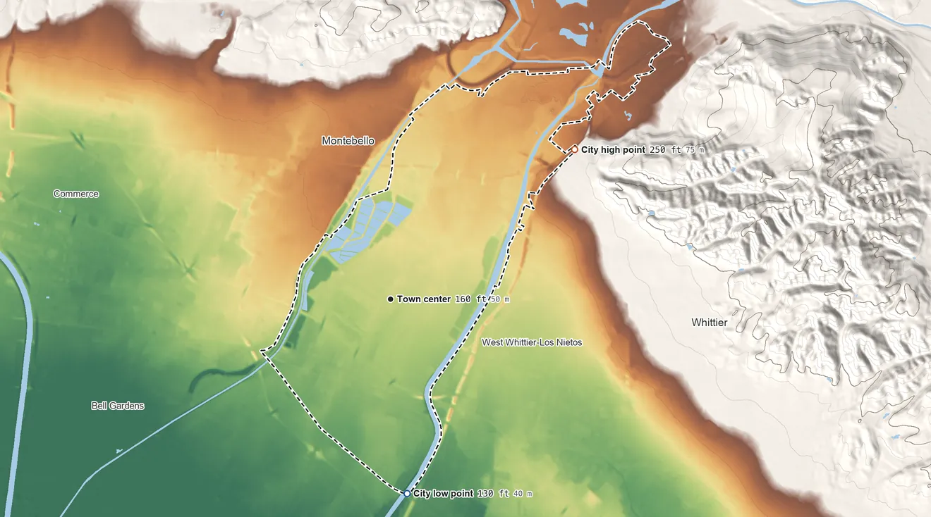 Topographic elevation map of Pico Rivera, California, shaded from 130 ft on the south side to 250 ft at the foot of the West Coyote Hills