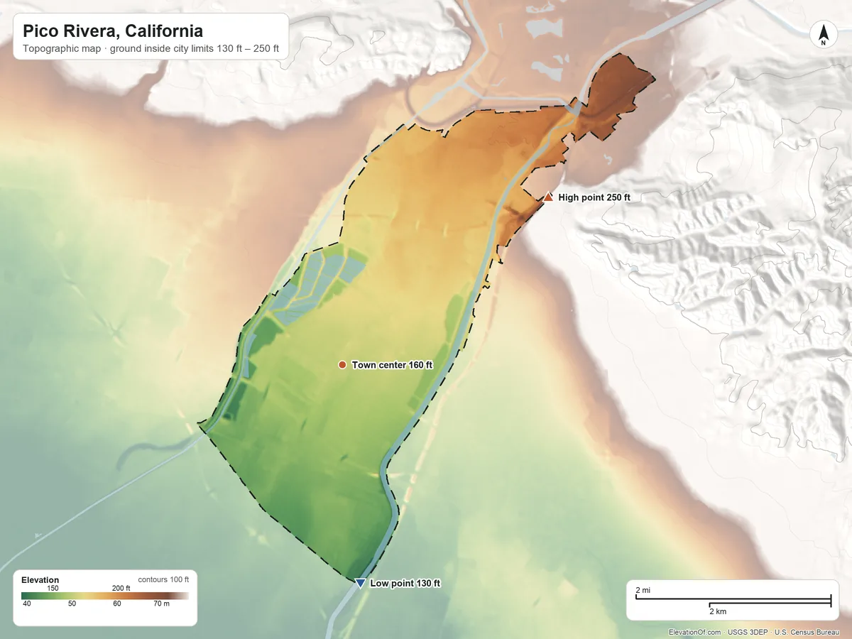 Topographic elevation map of Pico Rivera, California, shaded from 130 ft on the south side to 250 ft at the foot of the West Coyote Hills