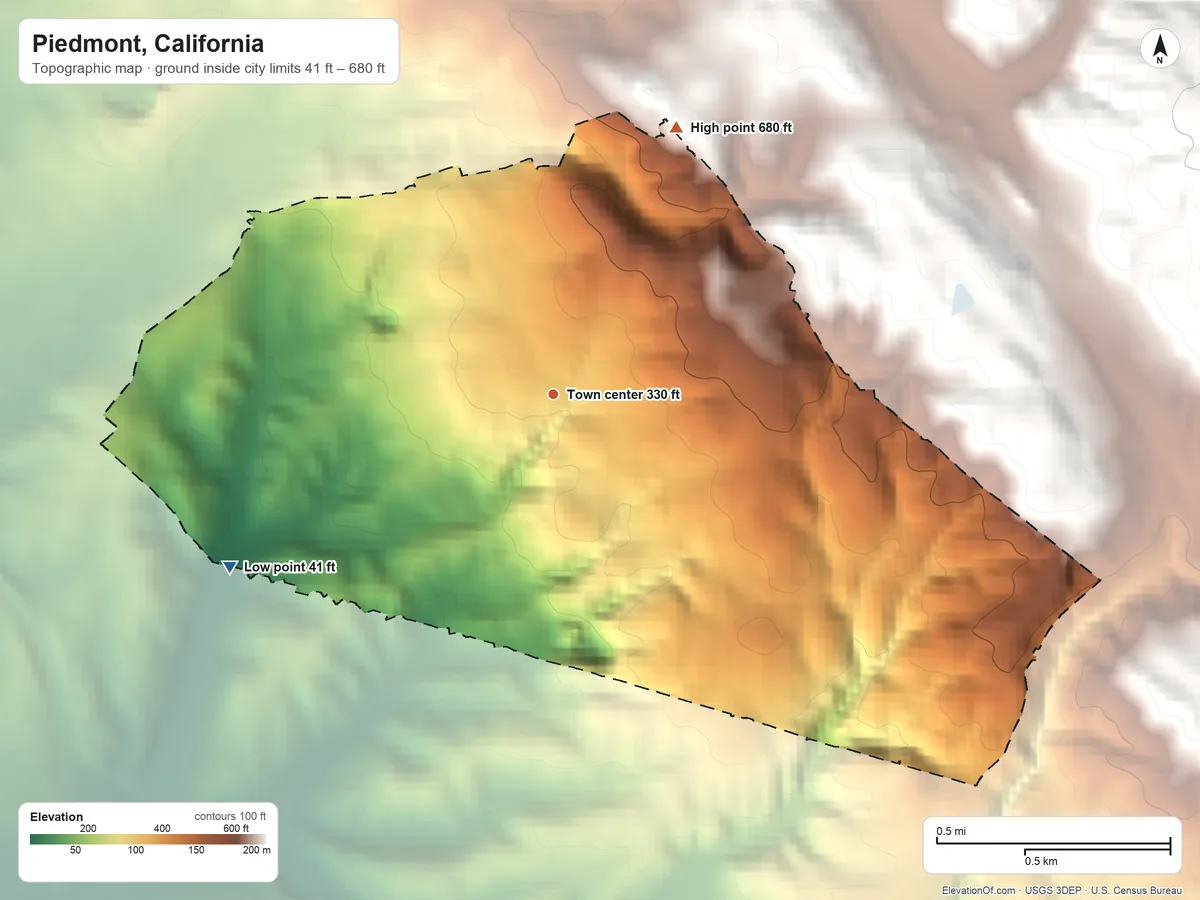 Topographic elevation map of Piedmont, California, shaded from 41 ft on the southwest side to 680 ft at the foot of the Berkeley Hills