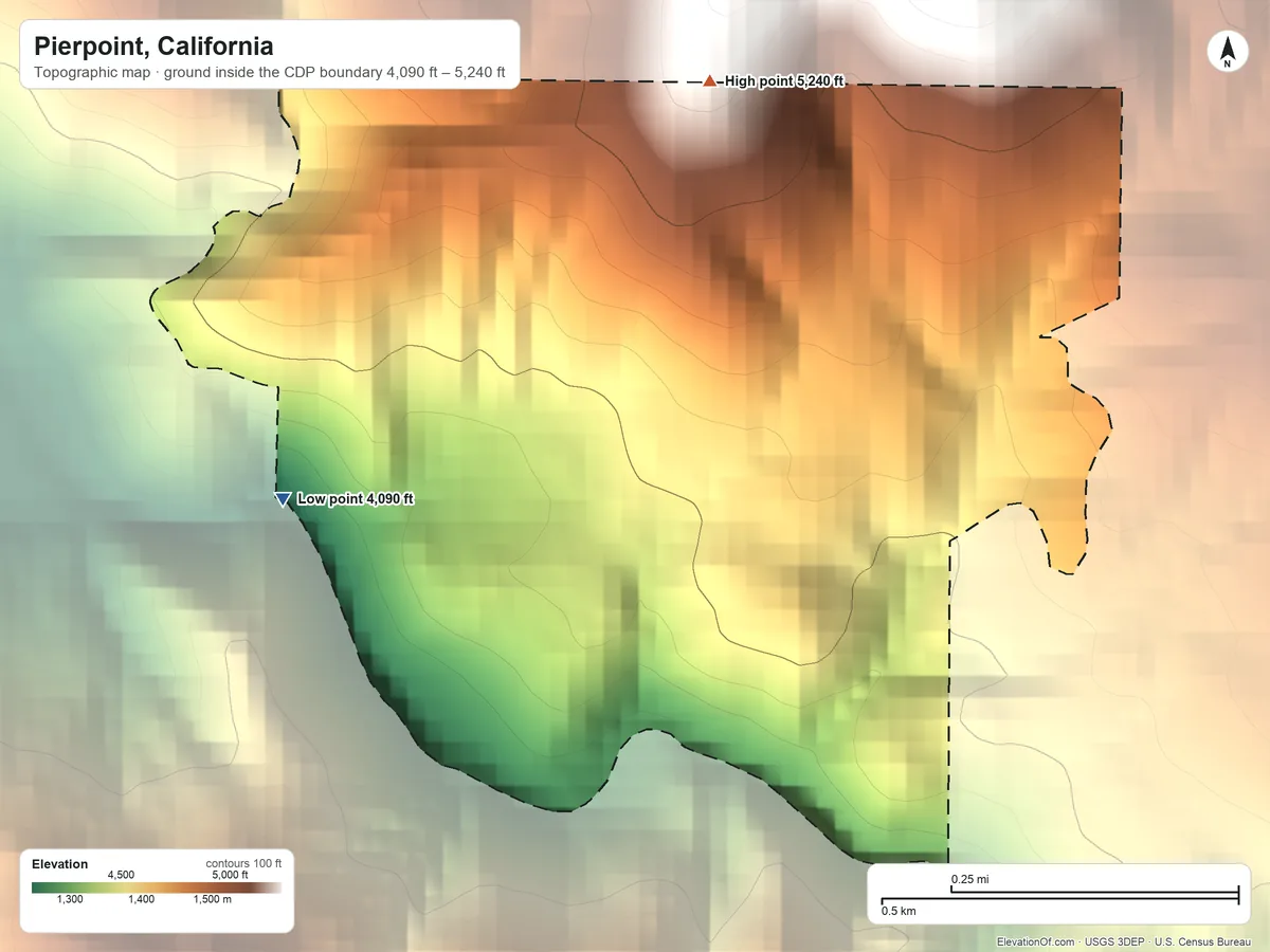 Topographic elevation map of Pierpoint, California, shaded from 4,090 ft on the west side to 5,240 ft on the north edge, below higher ground just outside