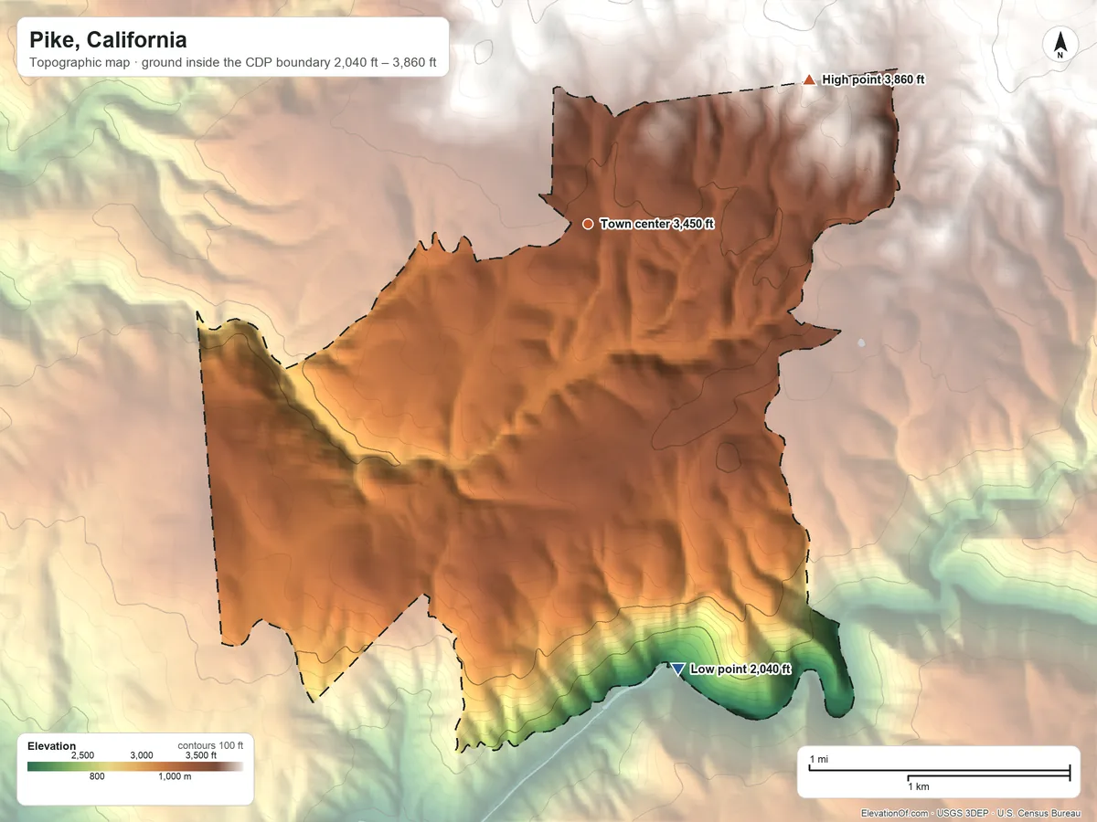 Topographic elevation map of Pike, California, shaded from 2,040 ft on the south side to 3,860 ft on the northeast edge, below higher ground just outside