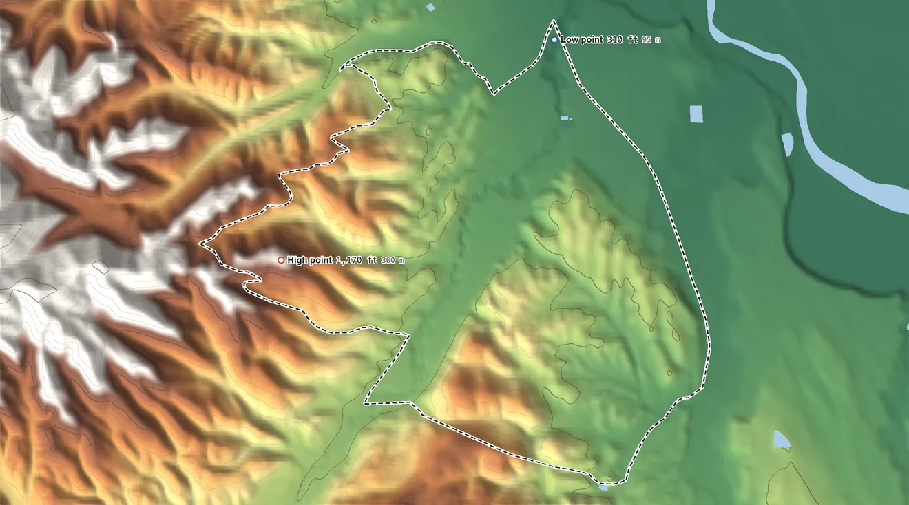 Topographic elevation map of Pine Canyon, California, shaded from 310 ft on the north side to 1,170 ft on the west edge, below higher ground just outside