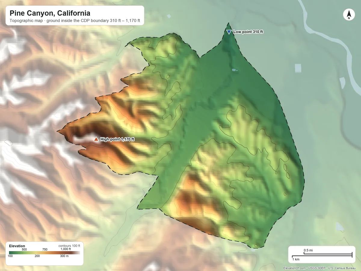 Topographic elevation map of Pine Canyon, California, shaded from 310 ft on the north side to 1,170 ft on the west edge, below higher ground just outside