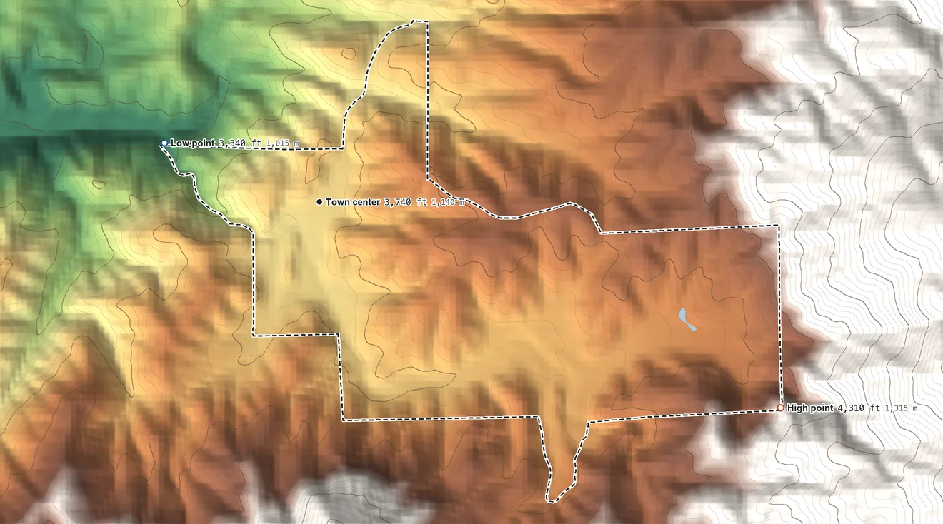 Topographic elevation map of Pine Flat, California, shaded from 3,340 ft on the west side to 4,310 ft at the foot of the Greenhorn Mountains