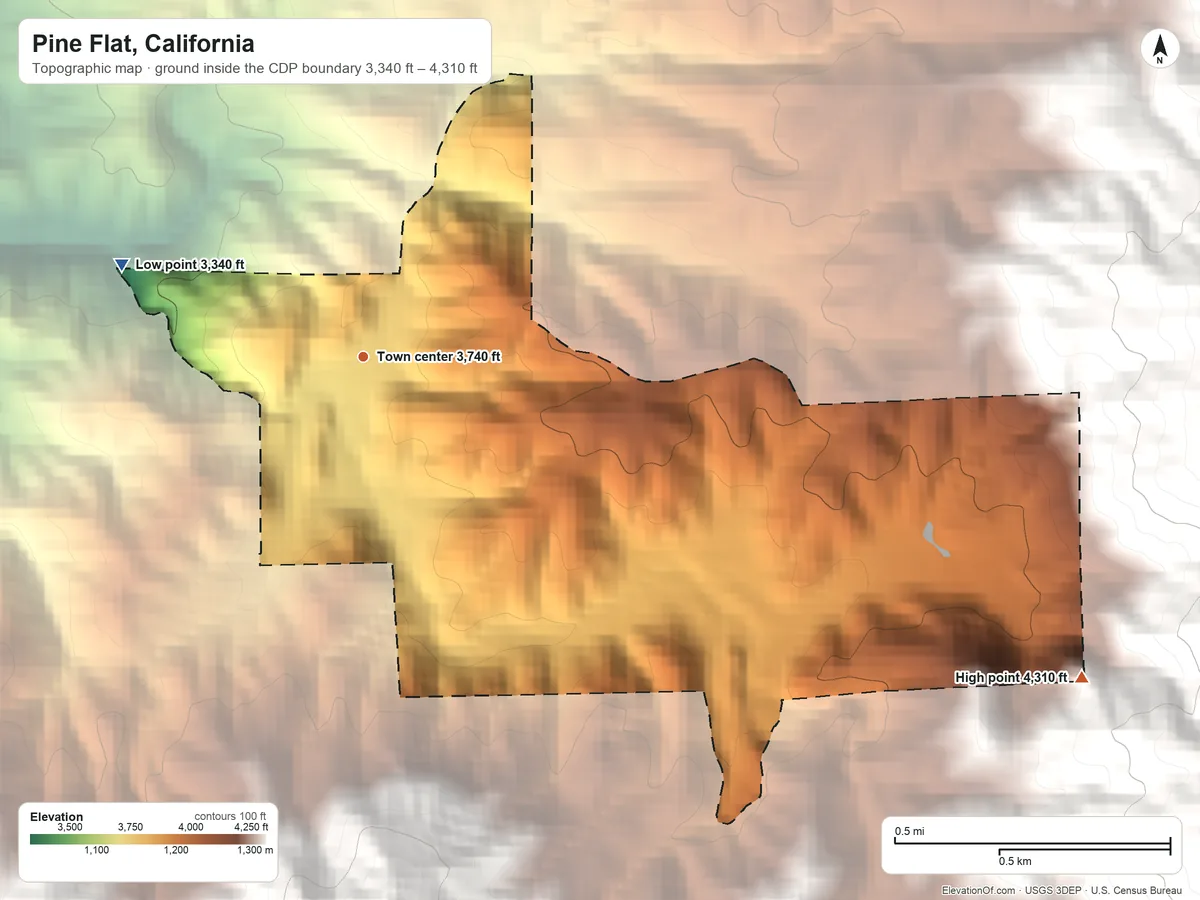 Topographic elevation map of Pine Flat, California, shaded from 3,340 ft on the west side to 4,310 ft at the foot of the Greenhorn Mountains