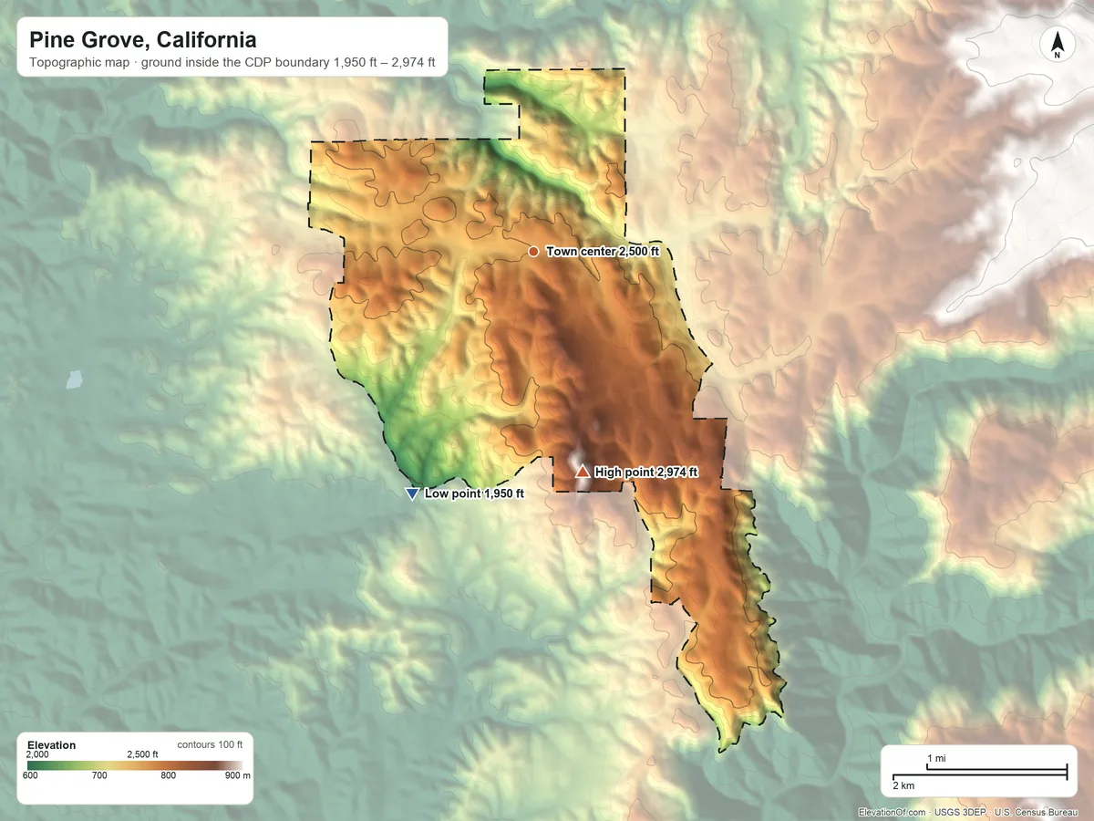 Topographic elevation map of Pine Grove, California, shaded from 1,950 ft on the southwest side to 2,974 ft on Mount Zion