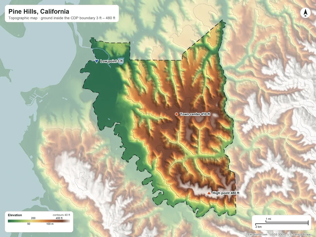Topographic elevation map of Pine Hills, California, shaded from 3 ft on the northwest side to 480 ft on the south side