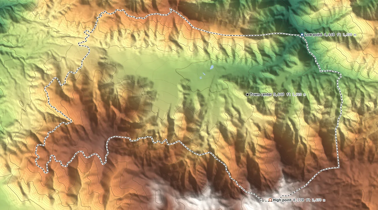 Topographic elevation map of Pine Mountain Club, California, shaded from 4,440 ft on the northeast side to 8,770 ft on the south side