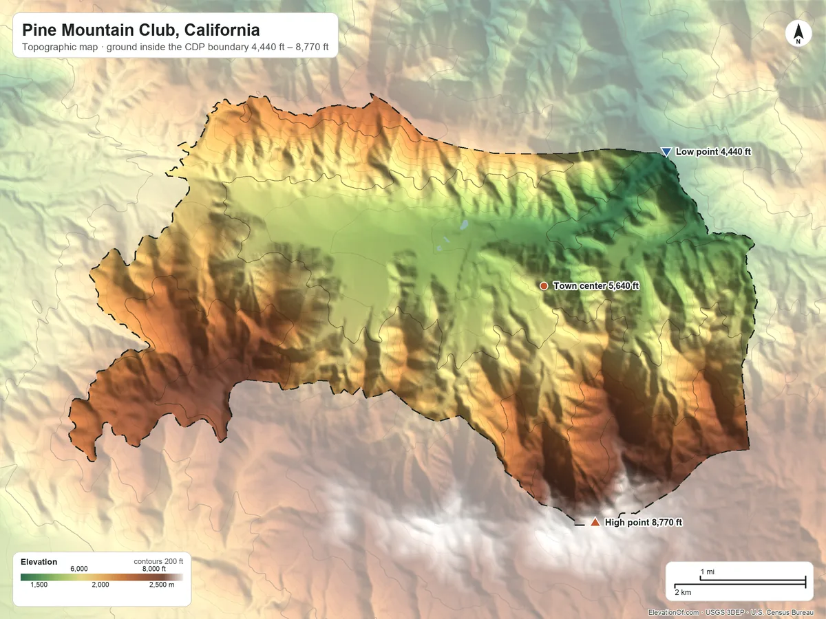 Topographic elevation map of Pine Mountain Club, California, shaded from 4,440 ft on the northeast side to 8,770 ft on the south side