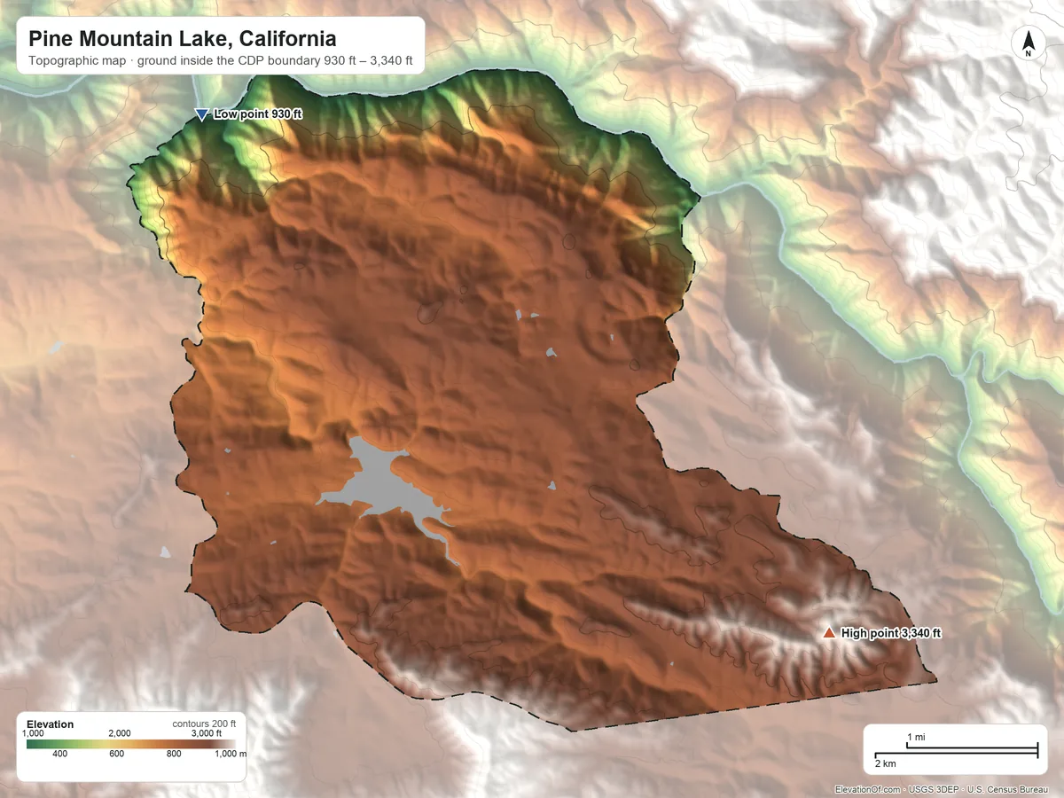 Topographic elevation map of Pine Mountain Lake, California, shaded from 930 ft on the northwest side to 3,340 ft on the east side
