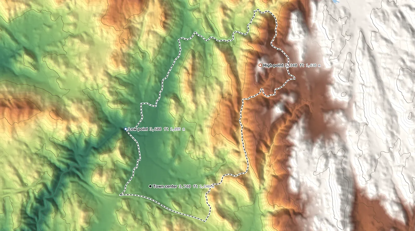 Topographic elevation map of Pine Valley, California, shaded from 3,600 ft on the northwest side to 5,340 ft on the northeast side