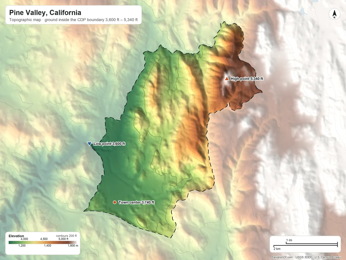 Topographic elevation map of Pine Valley, California, shaded from 3,600 ft on the northwest side to 5,340 ft on the northeast side