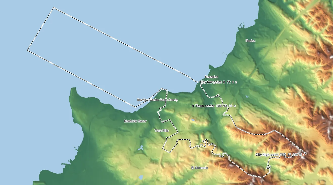 Topographic elevation map of Pinole, California, shaded from sea level level on San Pablo Bay to 780 ft on the southeast side