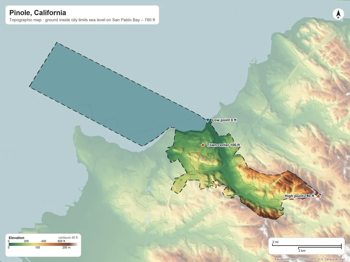 Topographic elevation map of Pinole, California, shaded from sea level level on San Pablo Bay to 780 ft on the southeast side