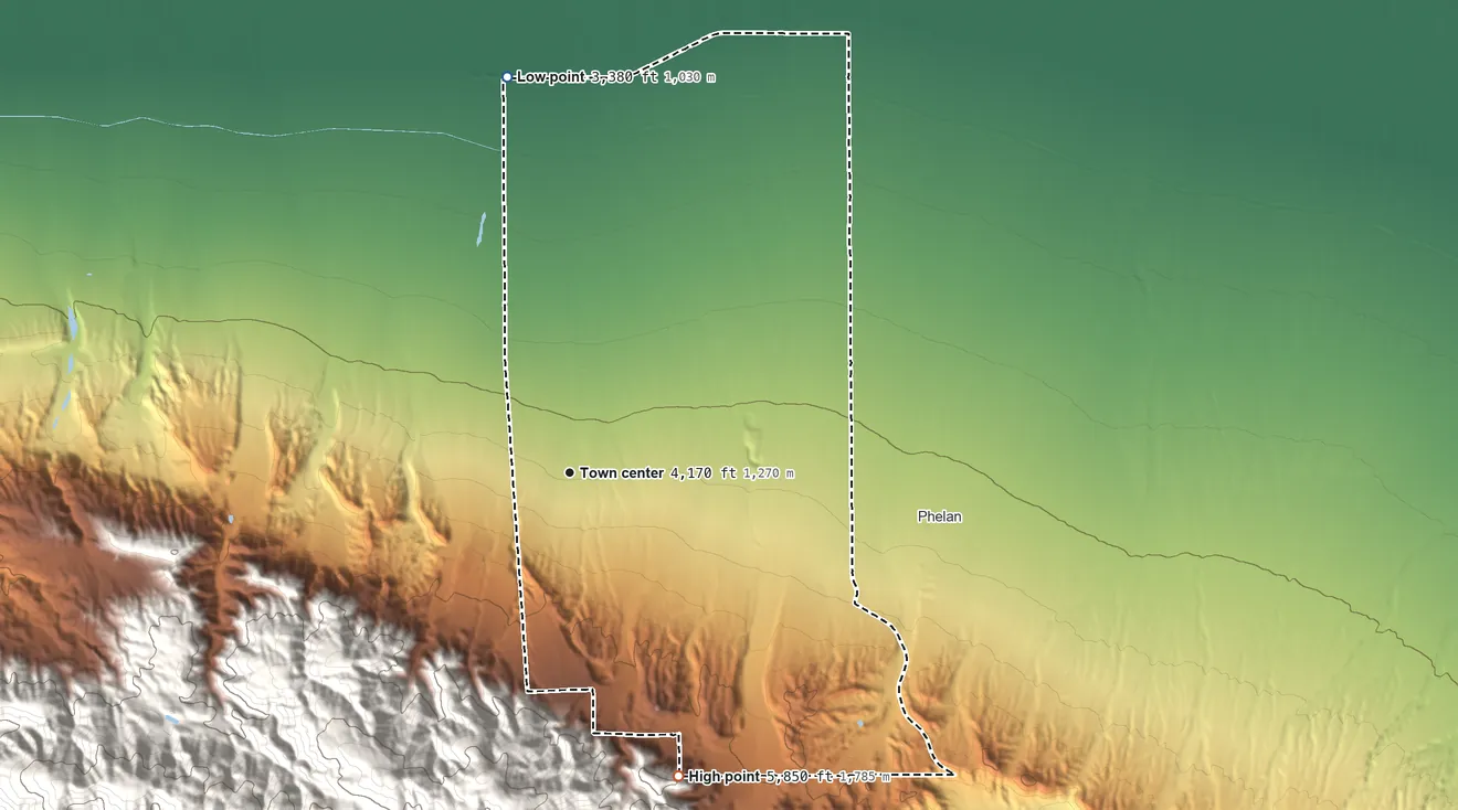 Topographic elevation map of Piñon Hills, California, shaded from 3,380 ft on the north side to 5,850 ft at the foot of the San Gabriel Mountains