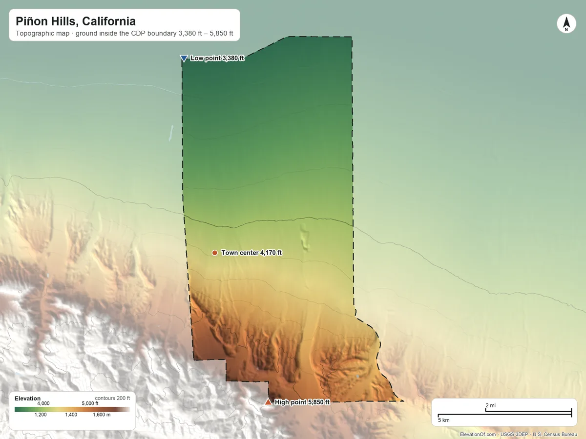 Topographic elevation map of Piñon Hills, California, shaded from 3,380 ft on the north side to 5,850 ft at the foot of the San Gabriel Mountains