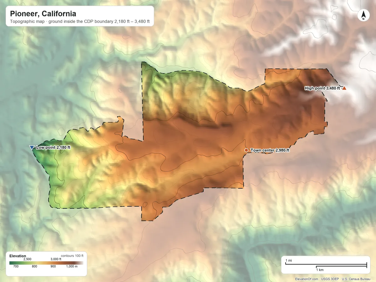 Topographic elevation map of Pioneer, California, shaded from 2,180 ft on the west side to 3,480 ft on the northeast edge, below higher ground just outside