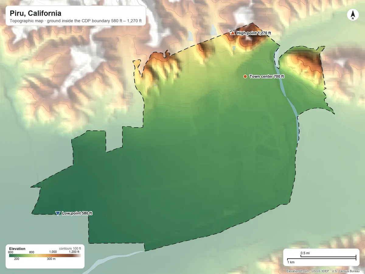 Topographic elevation map of Piru, California, shaded from 580 ft on the southwest side to 1,270 ft at the foot of the Santa Susana Mountains
