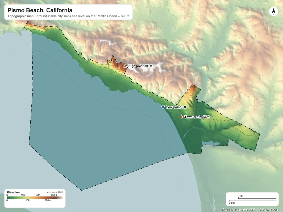 Topographic elevation map of Pismo Beach, California, shaded from sea level level on the Pacific Ocean to 890 ft on the northwest side
