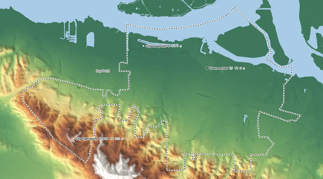 Topographic elevation map of Pittsburg, California, shaded from sea level level on Honker Bay to 1,010 ft at the foot of the Briones Hills