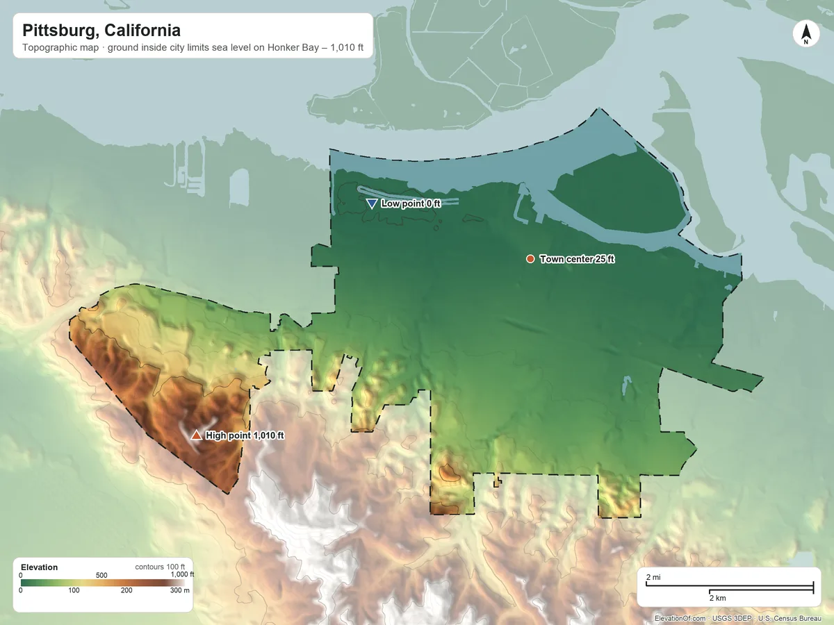 Topographic elevation map of Pittsburg, California, shaded from sea level level on Honker Bay to 1,010 ft at the foot of the Briones Hills