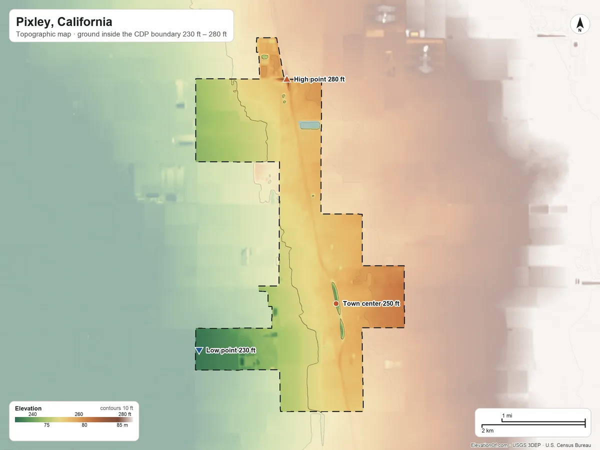Topographic elevation map of Pixley, California, shaded from 230 ft on the west side to 280 ft on the north side
