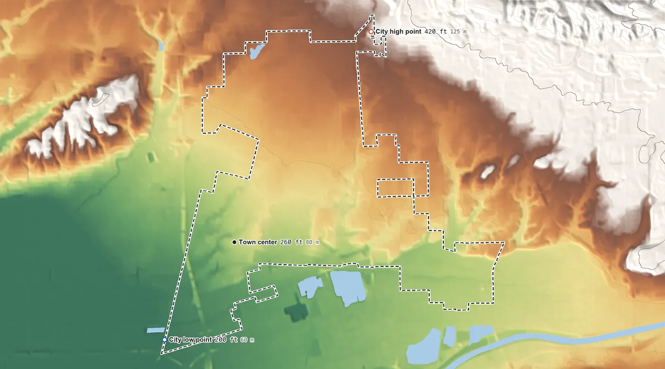 Topographic elevation map of Placentia, California, shaded from 200 ft on the southwest side to 420 ft at the foot of the East Coyote Hills