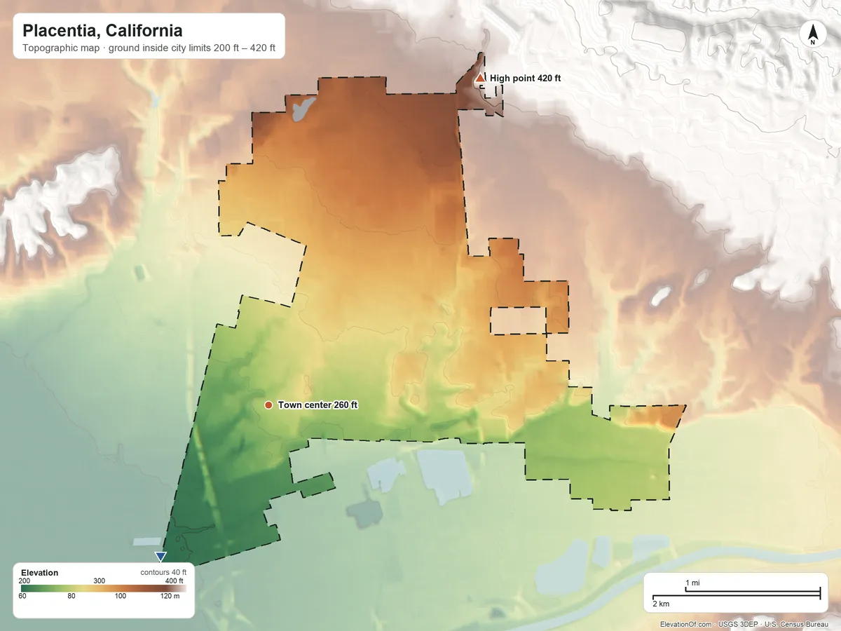Topographic elevation map of Placentia, California, shaded from 200 ft on the southwest side to 420 ft at the foot of the East Coyote Hills