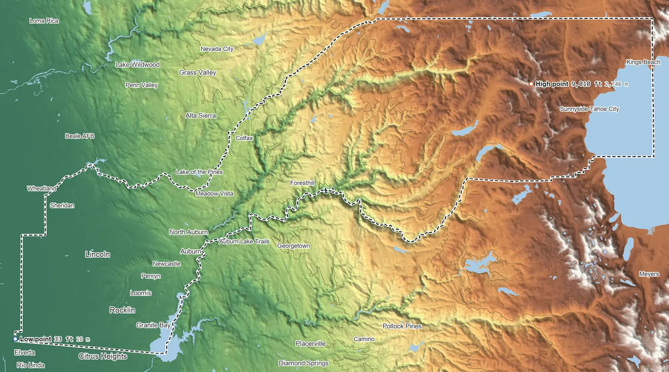 Topographic elevation map of Placer County, California, shaded from 33 ft on the southwest side to 9,010 ft on Granite Chief