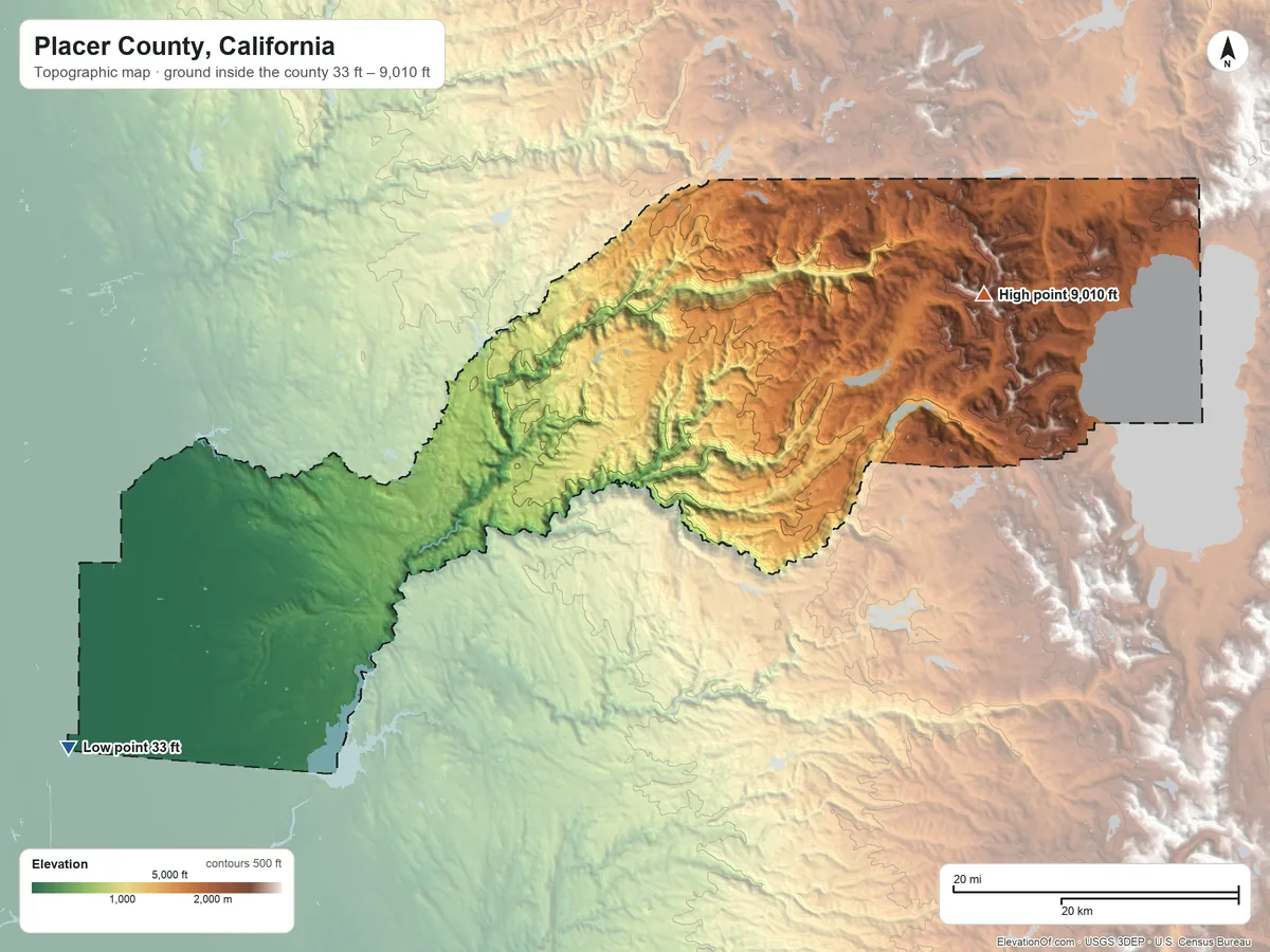 Topographic elevation map of Placer County, California, shaded from 33 ft on the southwest side to 9,010 ft on Granite Chief
