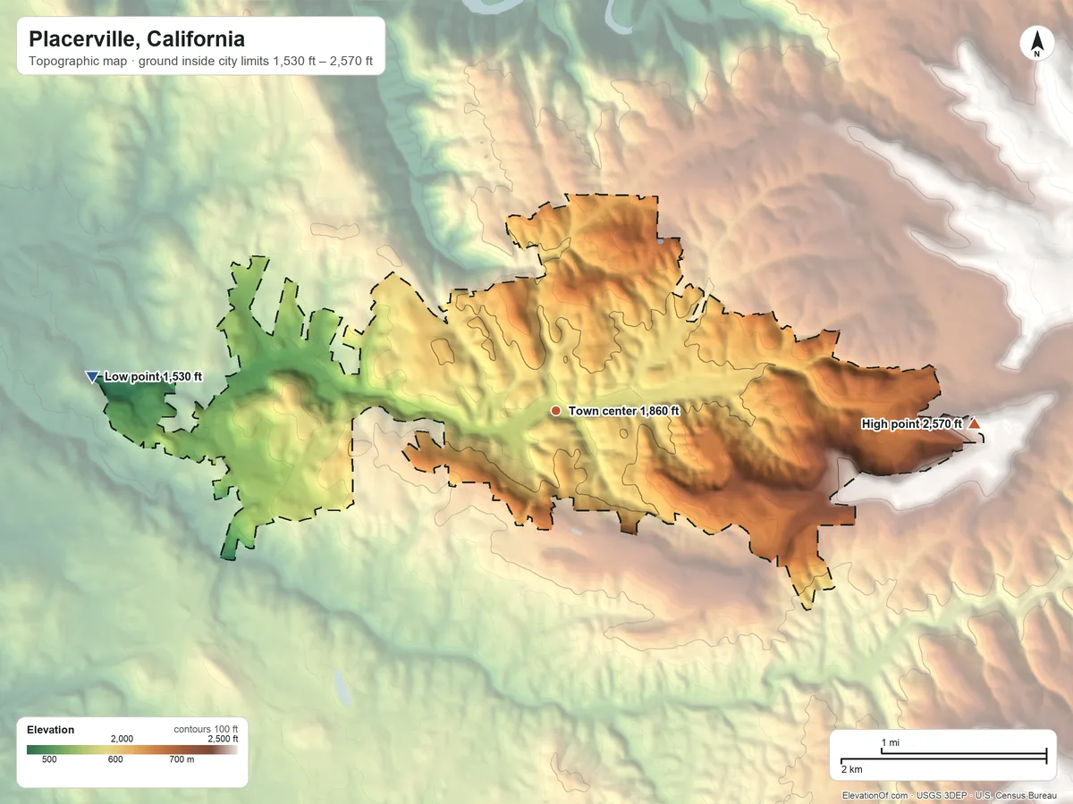 Topographic elevation map of Placerville, California, shaded from 1,530 ft on the west side to 2,570 ft on the east side