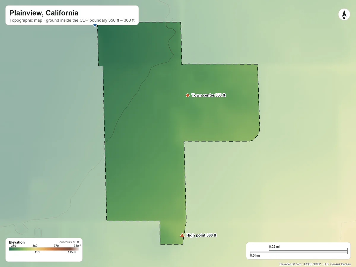 Topographic elevation map of Plainview, California, shaded from 350 ft on the northwest side to 360 ft on the south side
