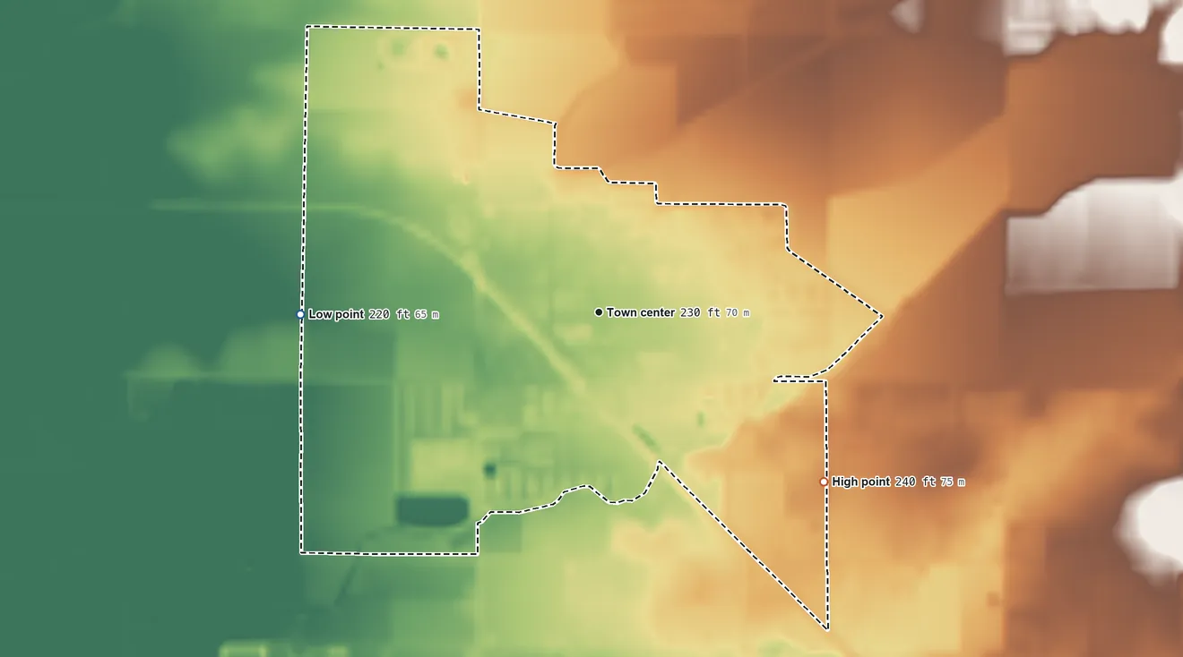 Topographic elevation map of Planada, California, shaded from 220 ft on the west side to 240 ft on the southeast side