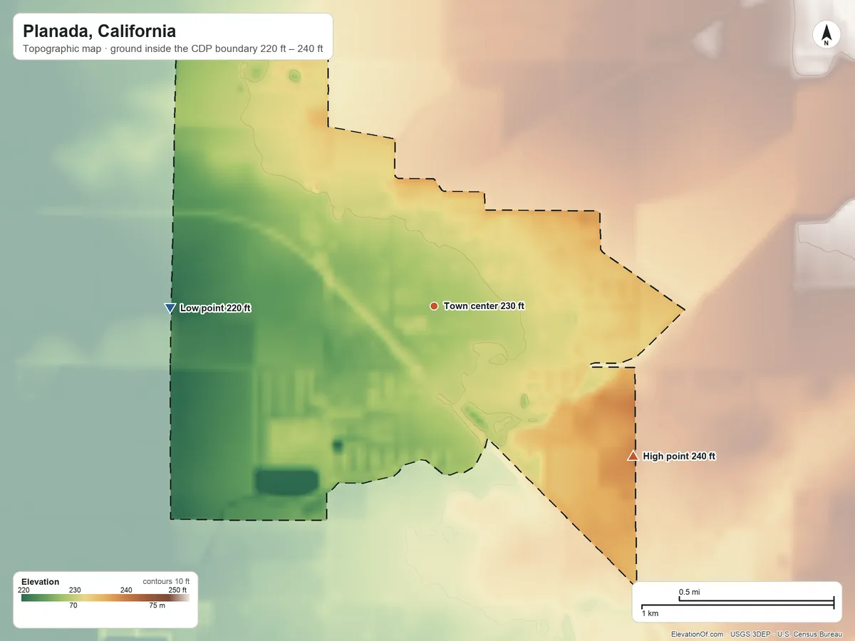 Topographic elevation map of Planada, California, shaded from 220 ft on the west side to 240 ft on the southeast side