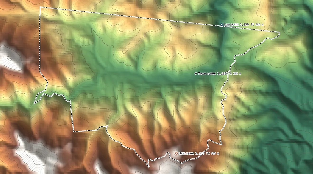 Topographic elevation map of Platina, California, shaded from 2,230 ft on the northeast side to 3,230 ft at the foot of the Bald Hills