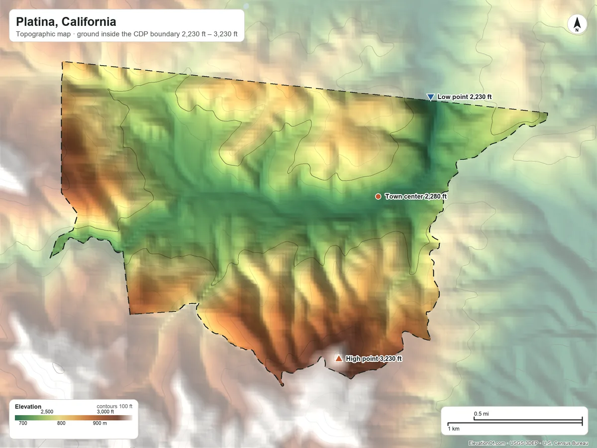 Topographic elevation map of Platina, California, shaded from 2,230 ft on the northeast side to 3,230 ft at the foot of the Bald Hills