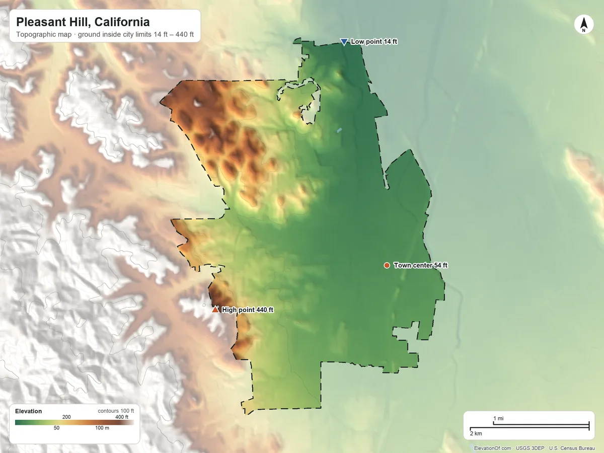Topographic elevation map of Pleasant Hill, California, shaded from 14 ft on the north side to 440 ft at the foot of the Briones Hills